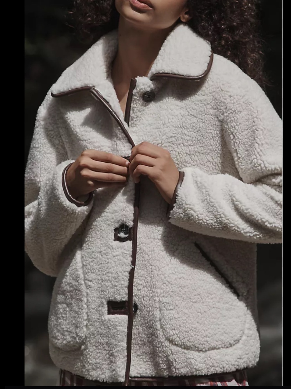 Anthropologie Cream Sherpa Jacket with brown faux leather details - medium